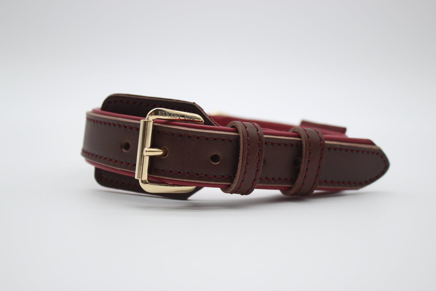 FinestPaw_Halsband_Soft_Komfort_braun-bordeaux_m_gold_front