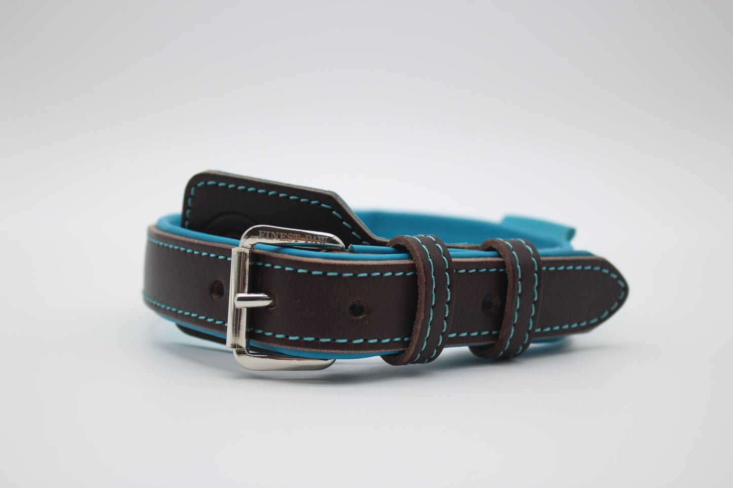 FinestPaw_Halsband_Soft_Komfort_braun-tuerkis_m_silber_front