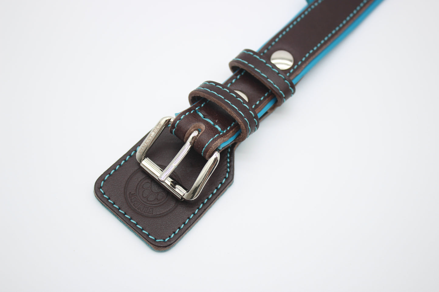 FinestPaw_Halsband_Soft_Komfort_braun-tuerkis_m_silber_schnalle