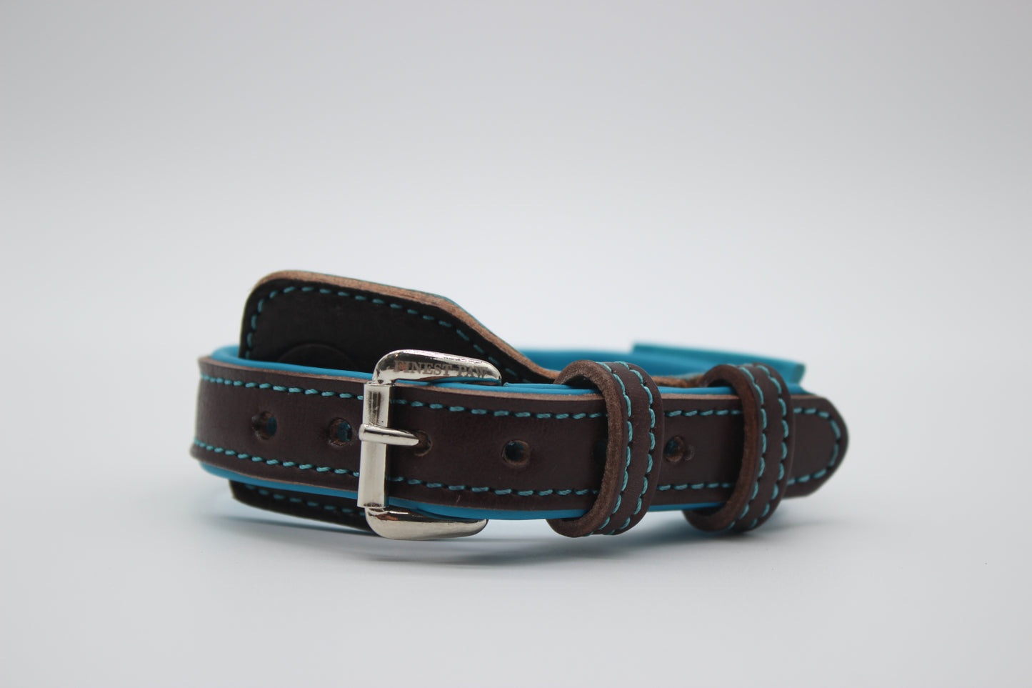 FinestPaw_Halsband_Soft_Komfort_braun-tuerkis_xs_silber_front