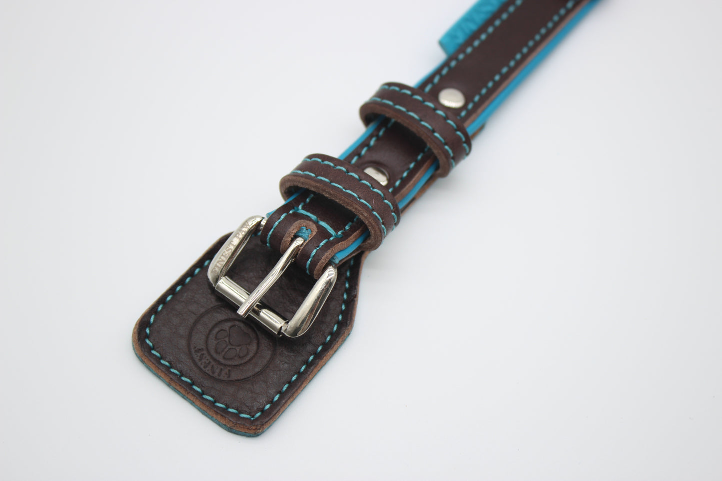 FinestPaw_Halsband_Soft_Komfort_braun-tuerkis_xs_silber_schnalle