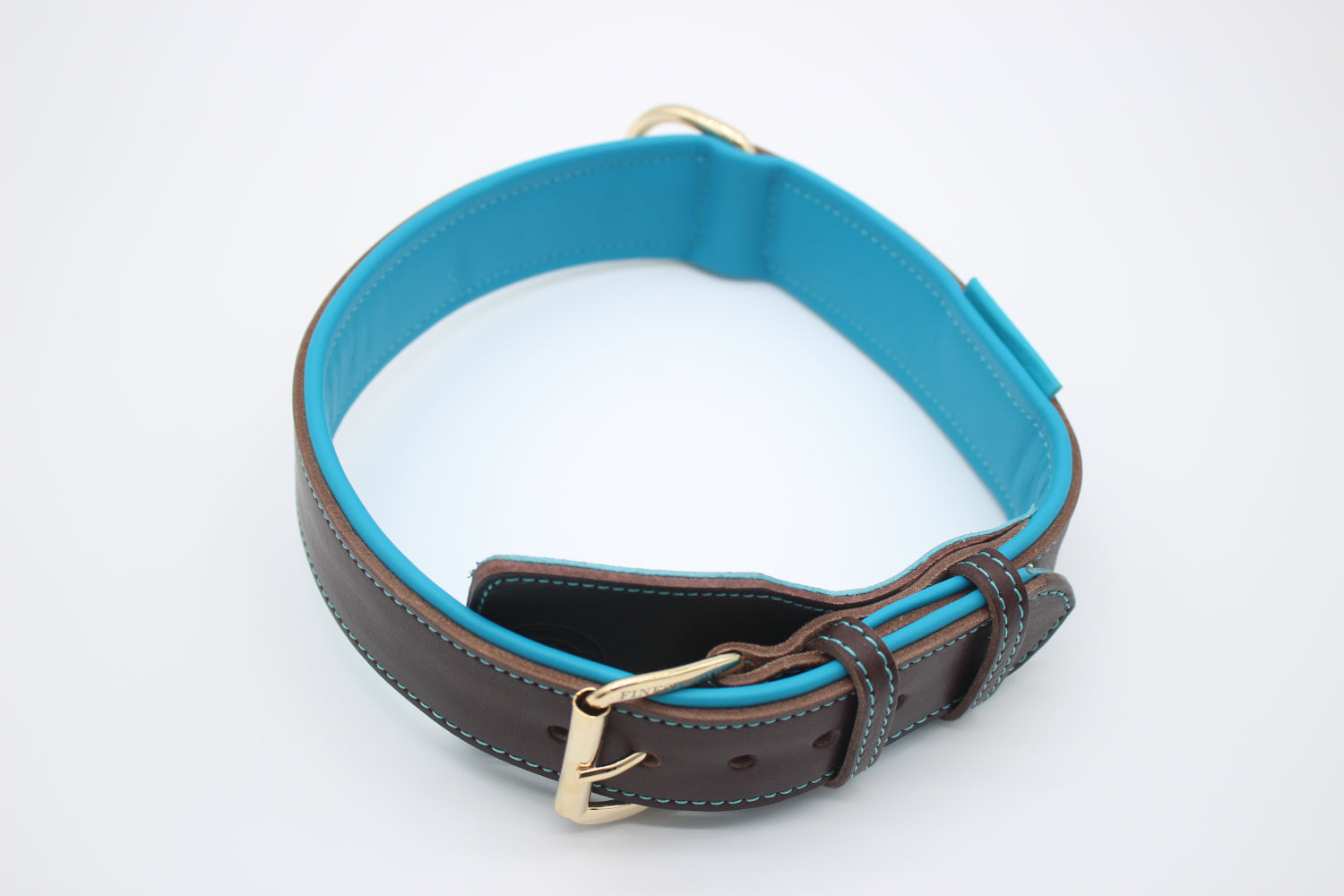 FinestPaw_Halsband_Soft_Komfort_braun-tuerkis_xxl_gold_oben