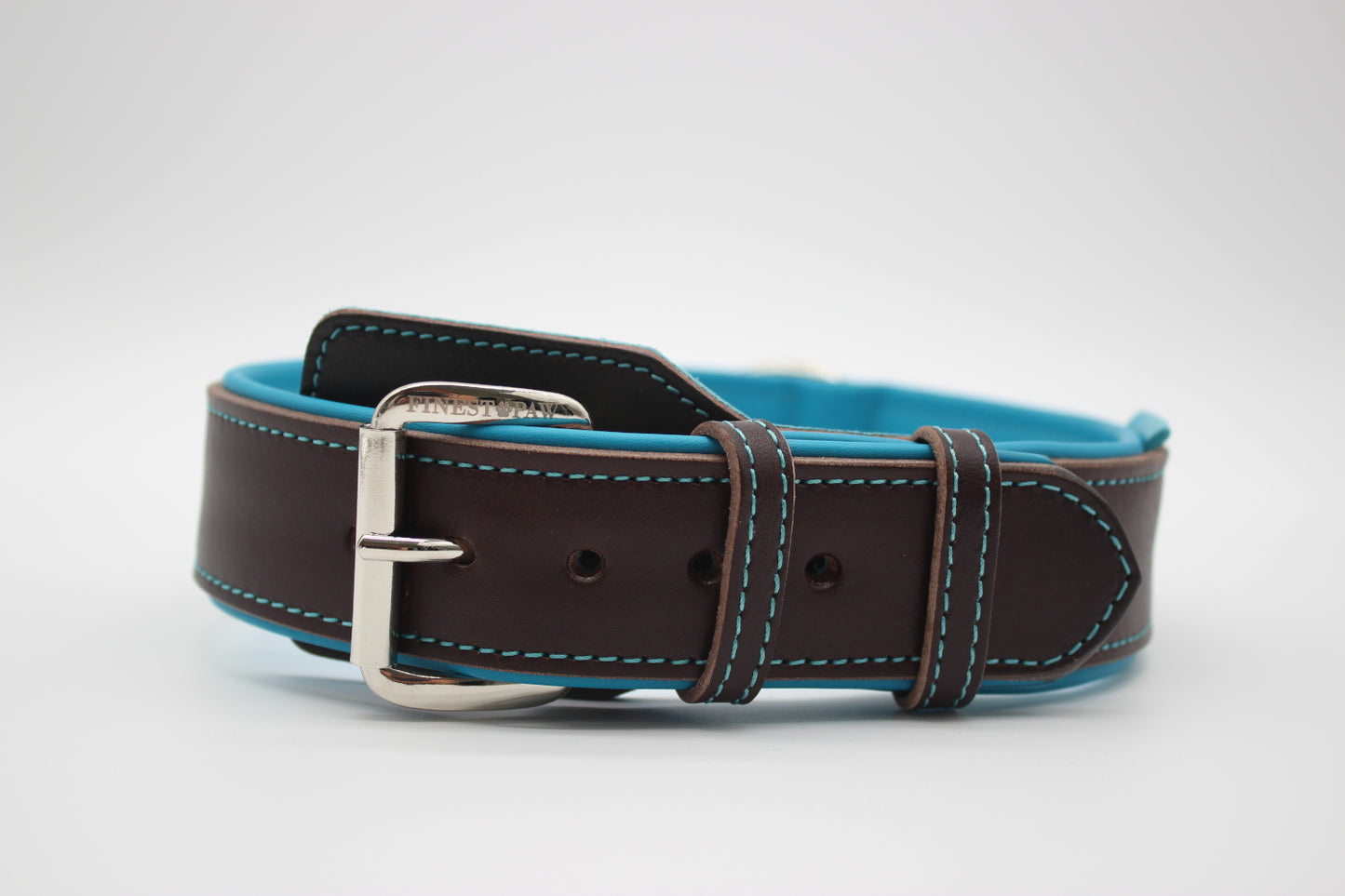 FinestPaw_Halsband_Soft_Komfort_braun-tuerkis_xxl_silber_front