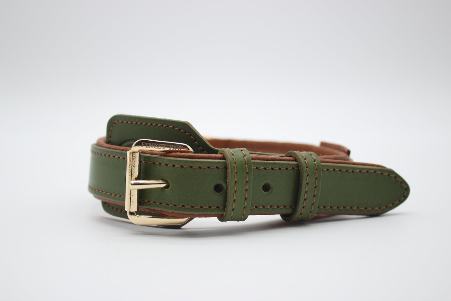 FinestPaw_Halsband_Soft_Komfort_waldgruen-cognac_m_gold_front