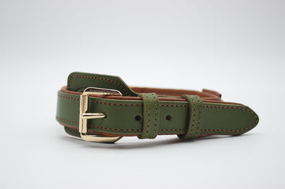 FinestPaw_Halsband_Soft_Komfort_waldgruen-cognac_m_gold_front