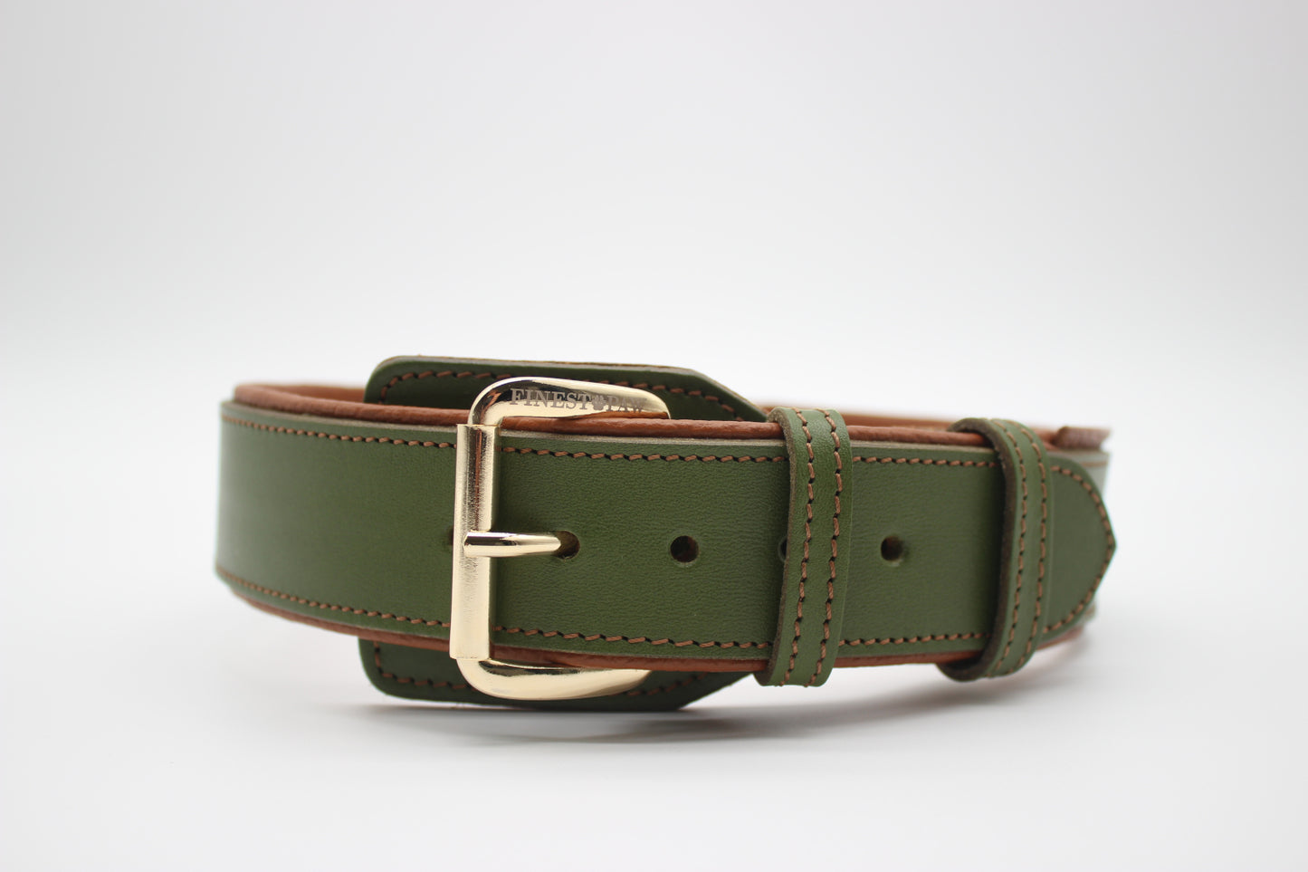 FinestPaw_Halsband_Soft_Komfort_waldgruen-cognac_xxl_gold_front