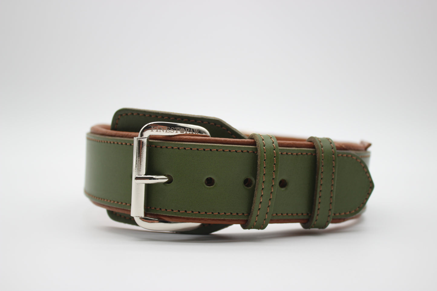 FinestPaw_Halsband_Soft_Komfort_waldgruen-cognac_xxl_silber_front